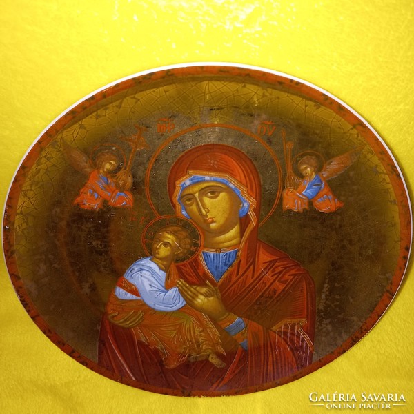 Ortodox Madonna ikon porcelán tányéron,  (Bavaria).vallási kegytárgy.