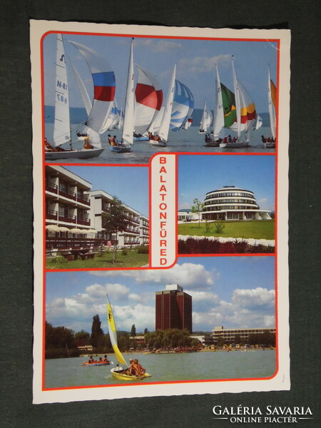 Postcard, Balatonfüred, mosaic details, hotel, hostel, sailing ship, view, resort
