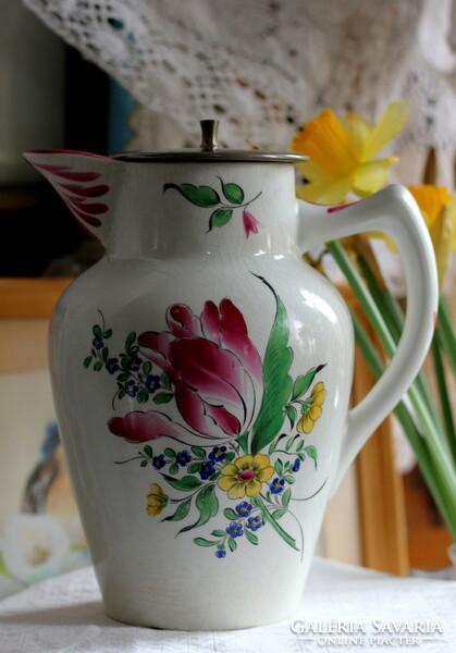 Antique French hand painted luneville jug with metal lid and integrated metal strainer, flawless