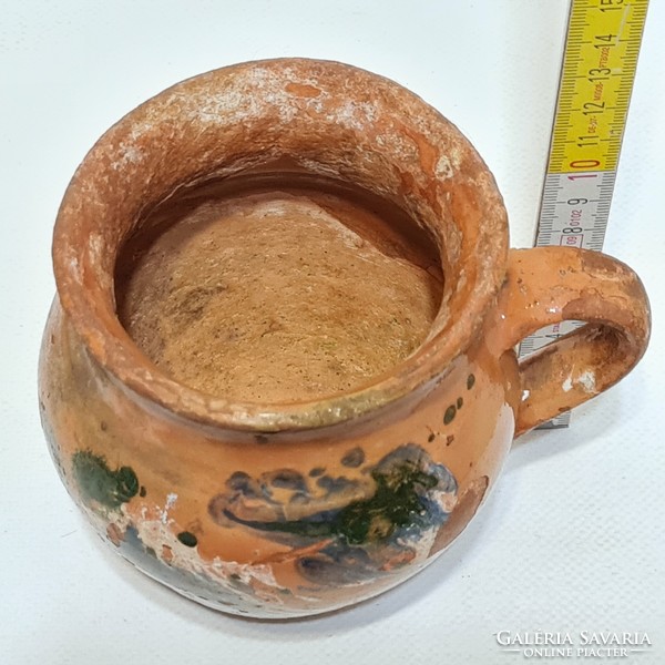 Folk ceramic mug with blue, white, green glaze, light brown glaze (2956)