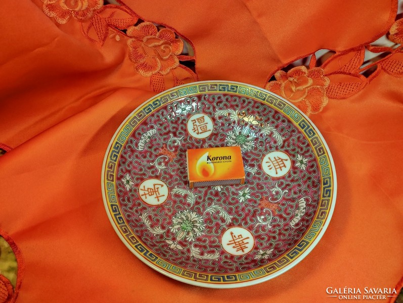 Famille Rose, kínai nagy mély kínáló tál, tányér, hosszú élet mintával