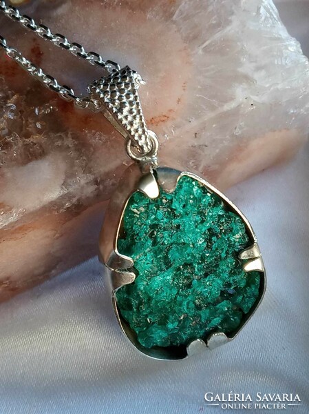 Raw dioptase 925 sterling silver pendant