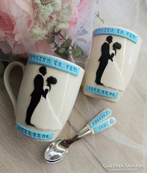 Wedding silhouette couple mug and spoon set