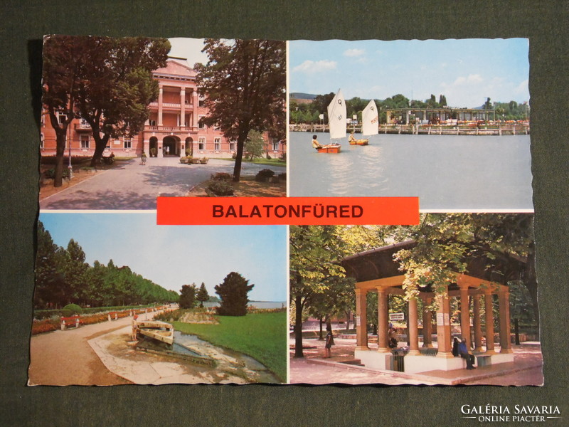 Postcard, Balatonfüred, mosaic details, heart hospital, pigeon well, sour water source, harbor restaurant