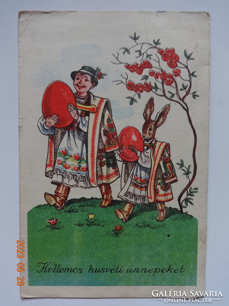 Old graphic Easter greeting card - boy and rabbit in national costume, with eggs