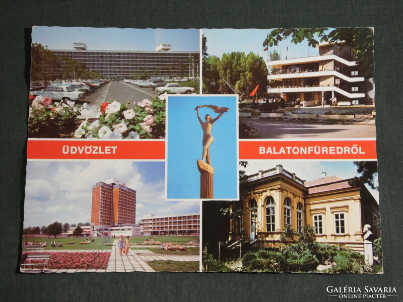 Postcard, Balatonfüred, mosaic details, hotel, Jókai memorial house, Balaton wind statue, harbor