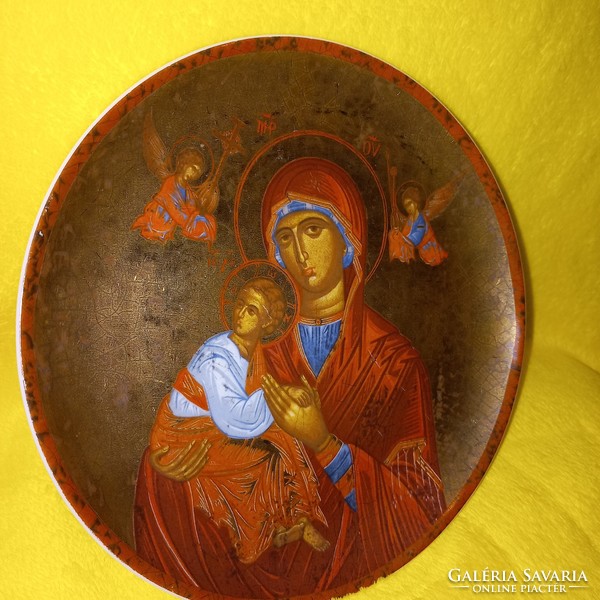 Ortodox Madonna ikon porcelán tányéron,  (Bavaria).vallási kegytárgy.