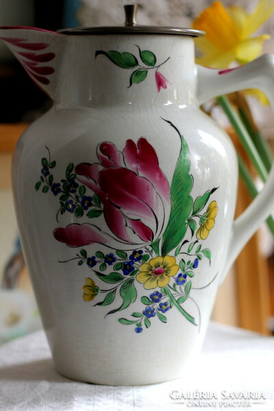 Antique French hand painted luneville jug with metal lid and integrated metal strainer, flawless