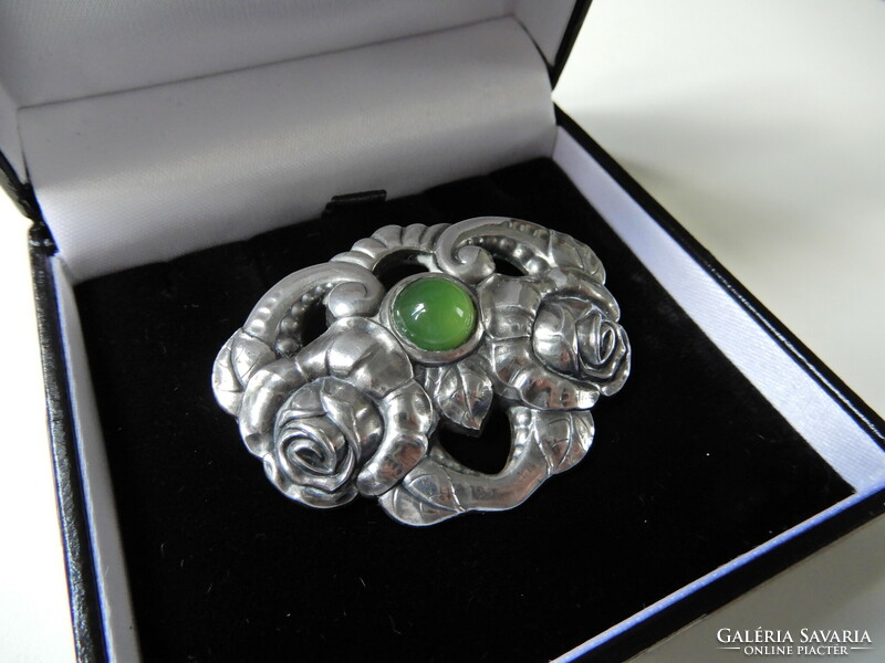 Antique German Andreas Odenwald Jugendstil silver brooch with jade stone