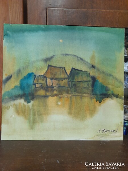 Natalia bejenaru (1951) village hill, watercolor painting..33.5 X 31.5 Cm.