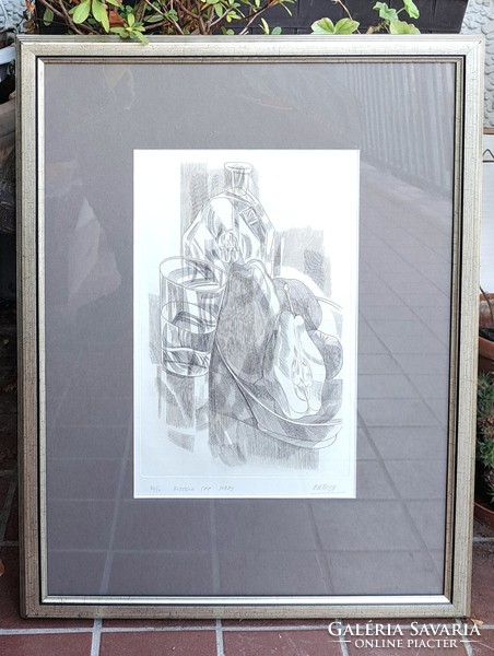 Still life with pear - Ortega mark (etching with silver frame) Spanish artist