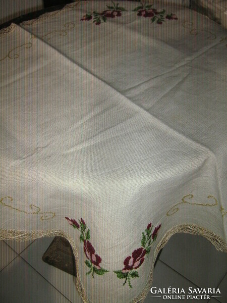 Fabulous hand-embroidered rosy tablecloth with lacy edges