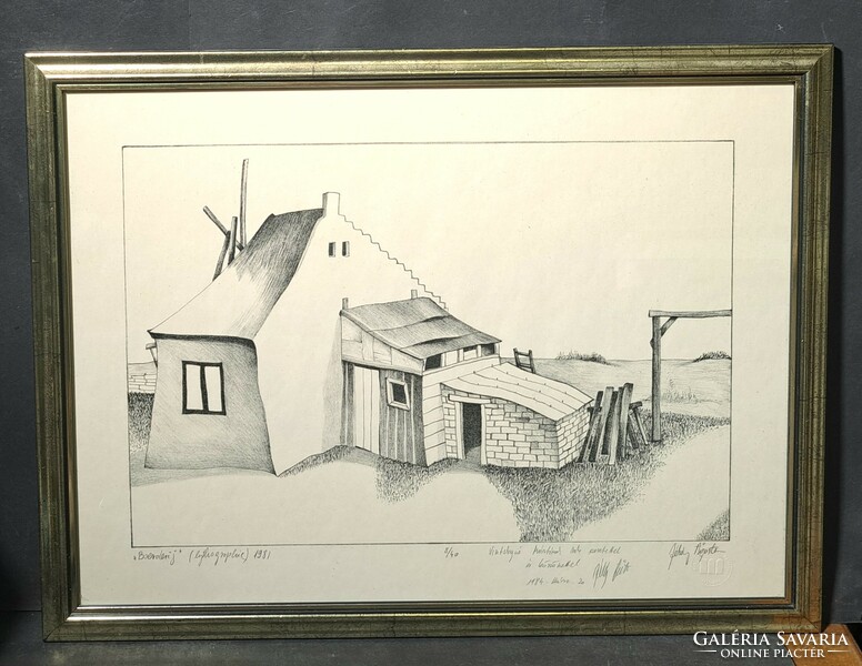 Ágoston Dékány: farmhouse (lithography) 1980s - husband of Márta Lacza