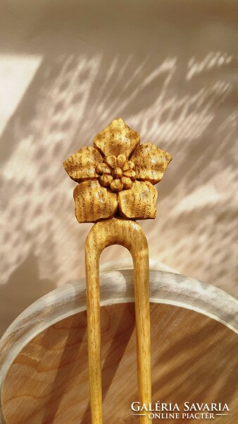 Carved wood, natural ash, stylized lotus flower patterned hairpin, hair ornament