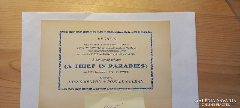 Invitation to the private rehearsal of the film The Thief of Happiness from 1925 at the Corvin Theater.