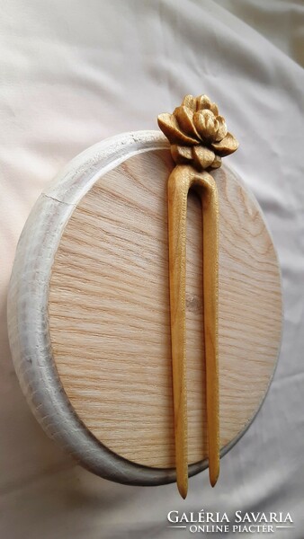 Carved wooden, natural maple wood hairpin with a lotus flower pattern, hair ornament