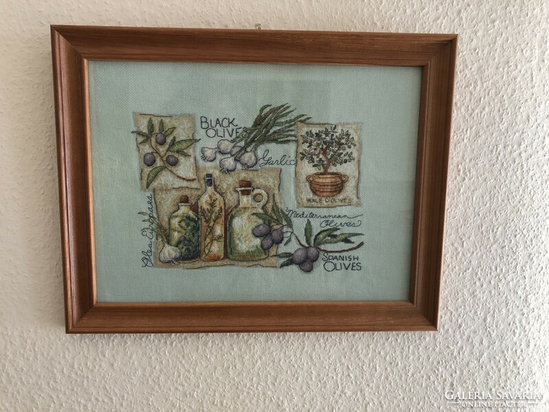 Vintage embroidered wall picture, olive variations