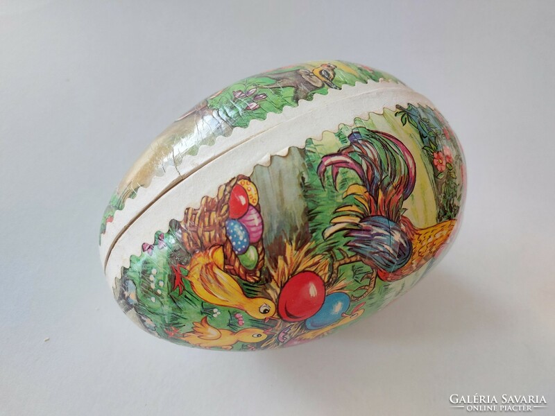 Old papier-mâché egg Easter decor 17 cm bunny hen rooster pattern
