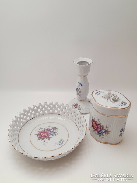Porcelain openwork bowl with Ravenclaw pattern, candle holder and lidded box with rose holder