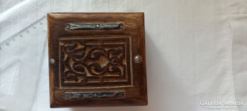 Indian carved wooden box with metal insert