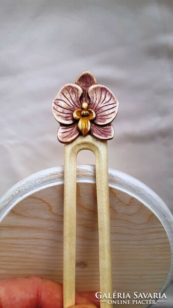 Wooden carved and painted orchid flower pattern hairpin, hair ornament