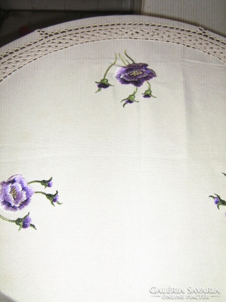 Dreamy crocheted lace inset purple machine floral huge ecru oval needlework tablecloth
