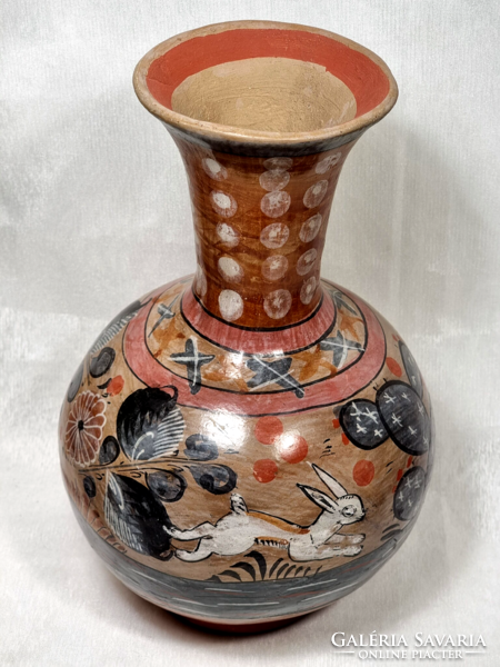 * JG MEXICO kézzel festett állatos jelenetes kerámia váza.