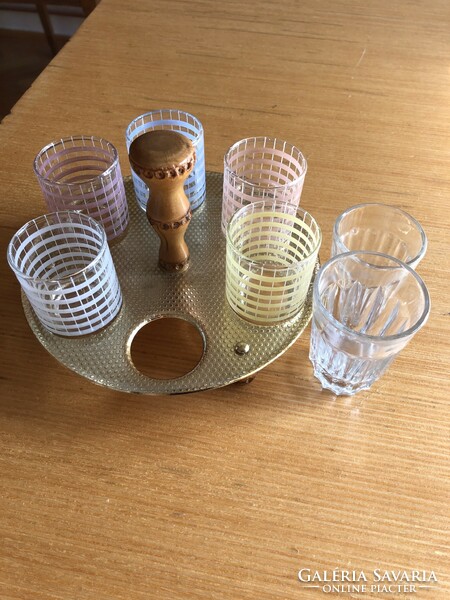 Retro toasting set, colorful glass glasses in a golden round holder