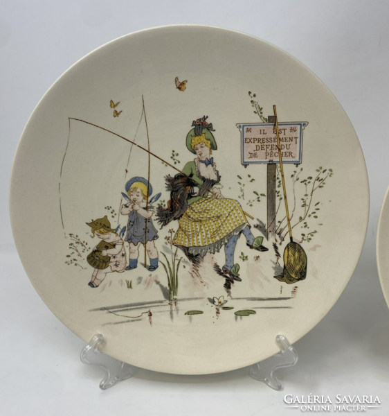Antik Sarreguemines fajansz "talking plates" vicces színes beszélő tányérok ,fali dísztányok 2db RZ