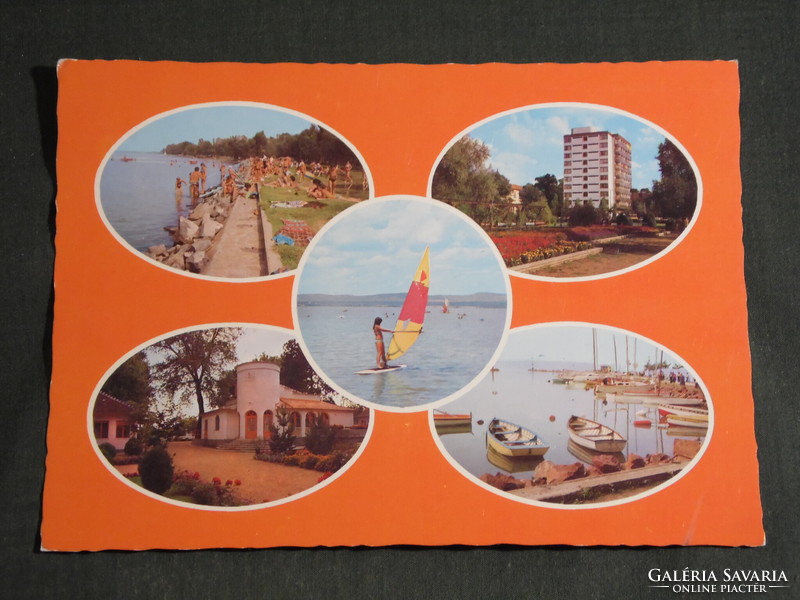 Postcard, boglárlelle, mosaic details, lelle hotel, beach, pier, port, resort