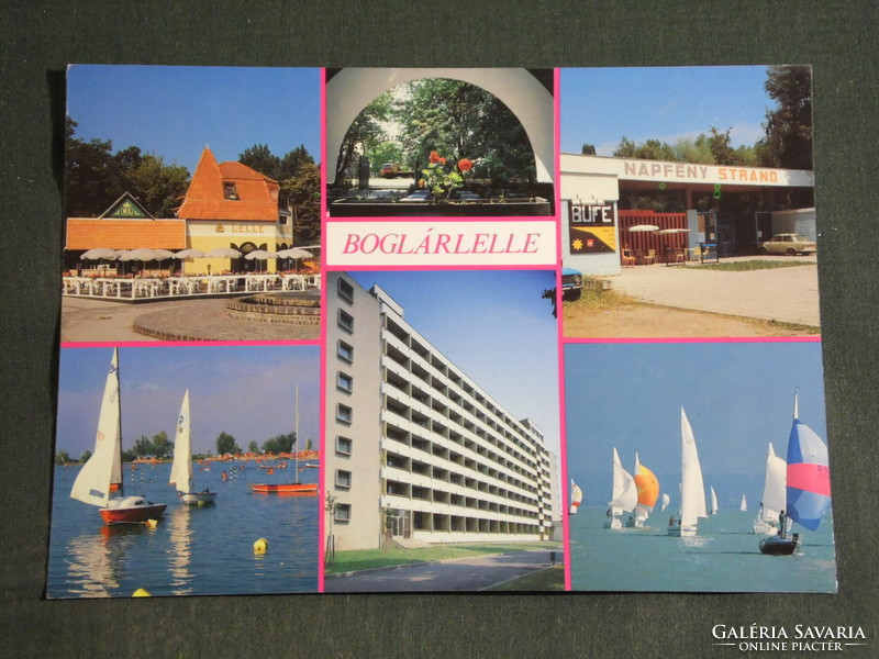 Képeslap,Boglárlelle,mozaik részletek,üdülő,park,vitorlás hajó,hotel,étterem,strand