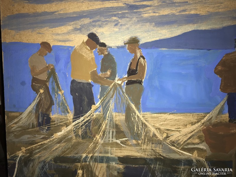 József Csáki-Maronyák: Balaton fishermen (net repair) oil, wood fiber