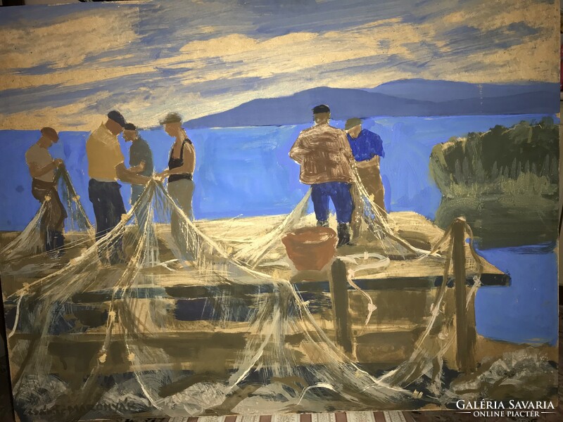 József Csáki-Maronyák: Balaton fishermen (net repair) oil, wood fiber