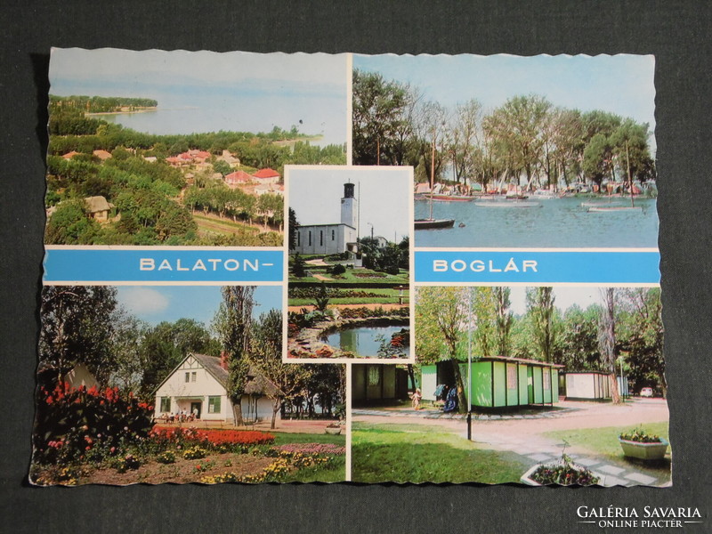Postcard, balaton boglár, mosaic details, church, park, port, camping, resort, view