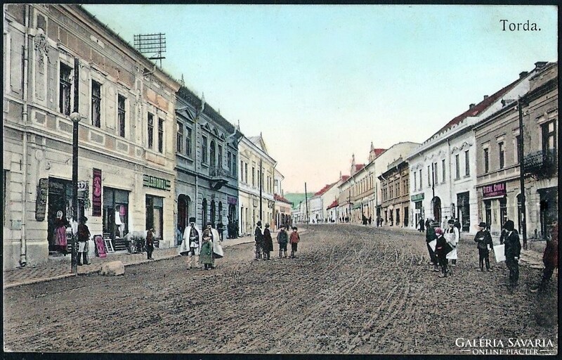Transylvania (Romania) Torda (Turda), street view 1914 (published by József Füssy - railway station stamp)