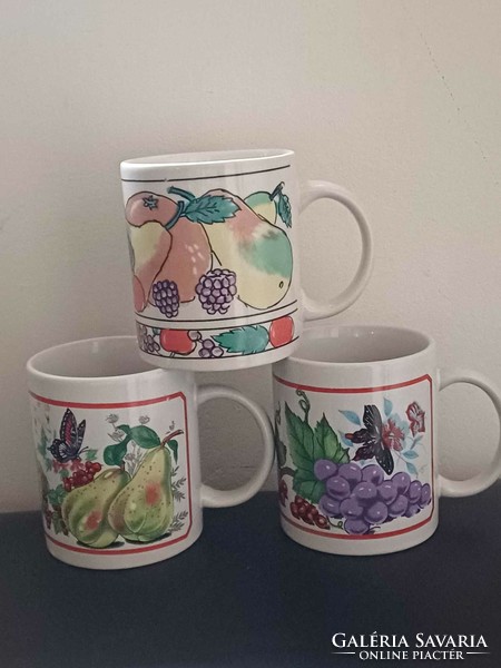 3 large retro mugs with fruit patterns