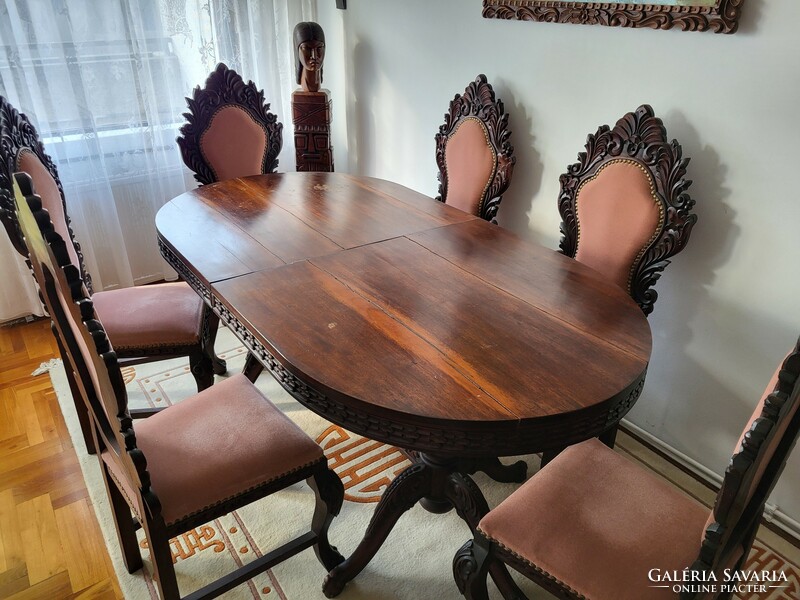 Bolivian carved wooden dining set, table + 6 chairs
