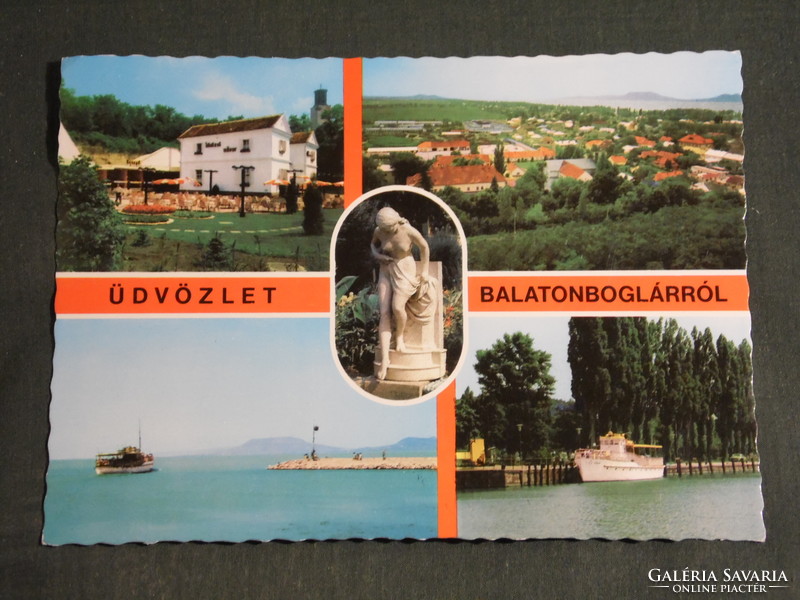 Postcard, balaton boglár, mosaic details, pub, restaurant, water inlet statue, view, pier, port, ship