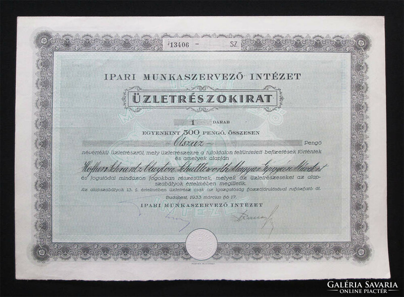Industrial Work Organization Institute business share deed 500 pengő 1933