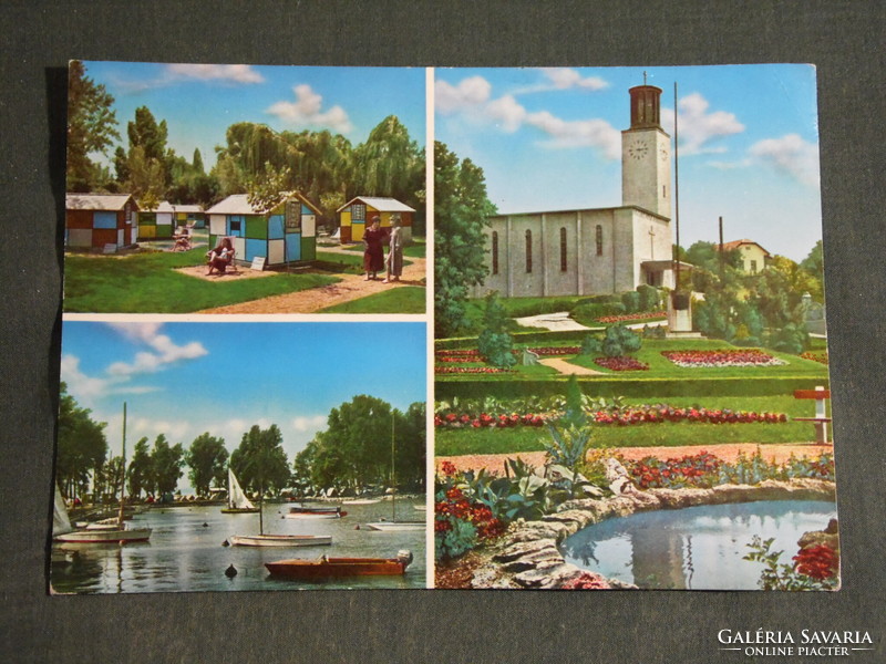 Postcard, balaton boglár, mosaic details, church, park, port, camping, resort
