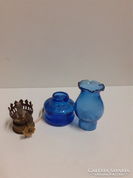 Small colored blue glass kerosene lamp