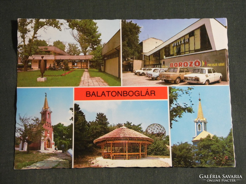 Postcard, balatonboglár, mosaic details, wine bar, beer bar, restaurant, church, round observation deck, resort