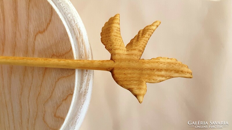 Hairpin, hair ornament carved from ash wood with a flying bird pattern