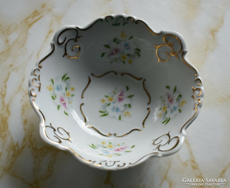 Old retro marked porfin Cluj napoca Romanian porcelain gilded, flower pattern bowl, bowl
