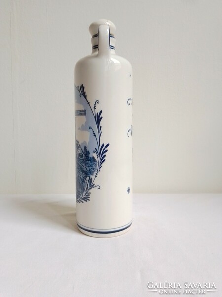 Régi holland kék fehér mázas porcelán Blue Delft jelzett Bols italos palack flaska 26 cm szélmalom