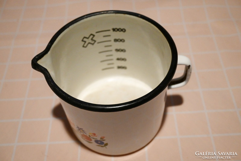 Enameled, flower pattern, milk pouring container, 1 liter