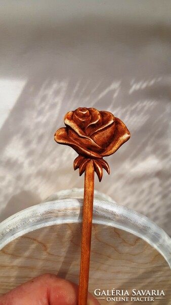 Hairpin with a rose pattern, hair ornament hand-carved from maple wood