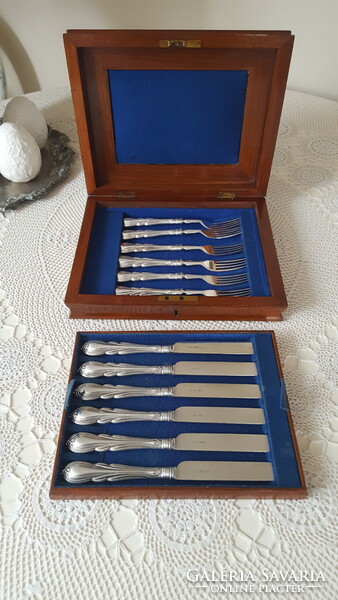 Antique silver-plated dessert and fruit cutlery set in a wooden box
