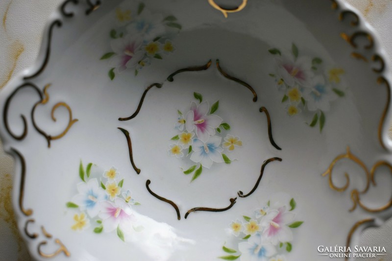 Régi retro jelzett PORFIN CLUJ NAPOCA román porcelán aranyozott, virág mintás tál, tálka