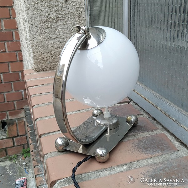 Art deco - bauhaus special shape nickel-plated table / wall lamp renovated - milk glass umbrella